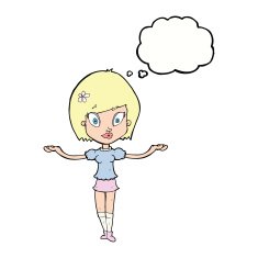 cartoon woman making balancing gesture with thought bubble N9