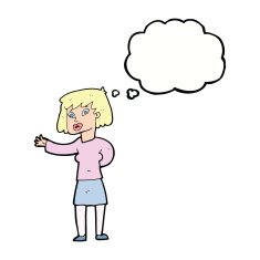 cartoon woman explaining with thought bubble N42