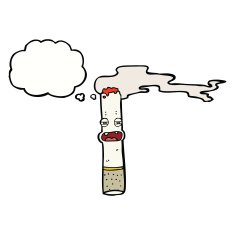 cartoon cigarette character with thought bubble