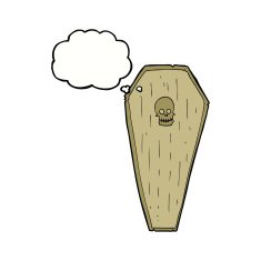 spooky cartoon coffin with thought bubble N12