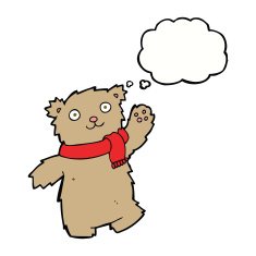 cartoon teddy bear wearing scarf with thought bubble N8