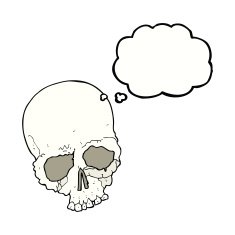 cartoon spooky old skull with thought bubble N4