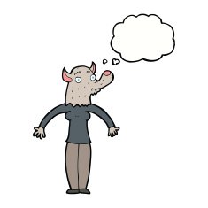 cartoon friendly werewolf woman with thought bubble N5
