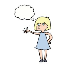 cartoon woman showing off engagement ring with thought bubble N8