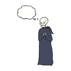 cartoon skeleton in black robe with thought bubble N5