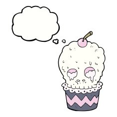 spooky skull cupcake cartoon with thought bubble N8