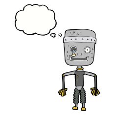 cartoon old robot with thought bubble N8