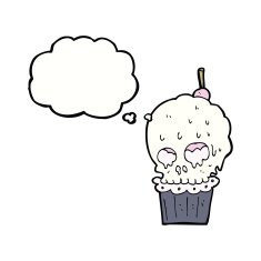 cartoon spooky skull cupcake with thought bubble N8