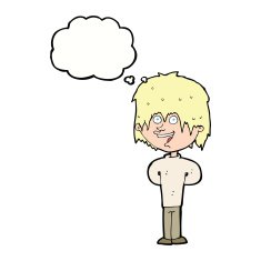cartoon happy scruffy boy with thought bubble N8