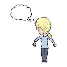 cartoon woman shrugging shoulders with thought bubble N401