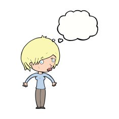 cartoon woman shrugging with thought bubble N49