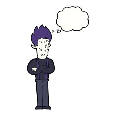 cartoon happy vampire man with thought bubble N24