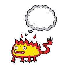 cartoon little fire demon with thought bubble N18
