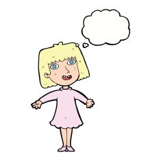 cartoon happy woman in dress with thought bubble N22
