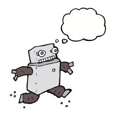 cartoon running robot with thought bubble N8