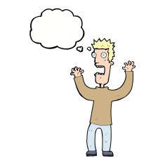 cartoon terrified man with thought bubble N182