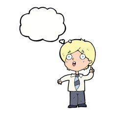 cartoon schoolboy answering question with thought bubble N8
