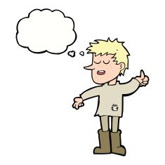 cartoon poor boy with positive attitude thought bubble N8