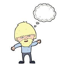 cartoon happy bearded man waving with thought bubble N8