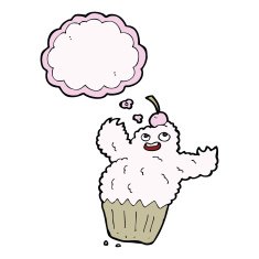 cartoon cupcake monster with thought bubble N9