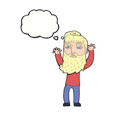 cartoon bearded man waving arms with thought bubble N8