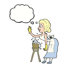 cartoon housewife washing up with thought bubble N9