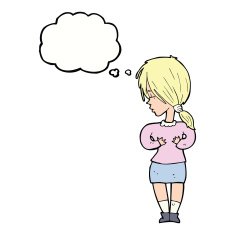 cartoon shy woman with thought bubble N39