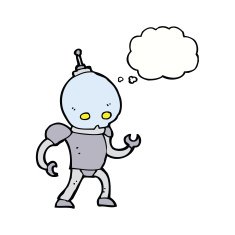 cartoon alien robot with thought bubble N13