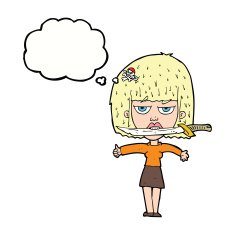 cartoon woman with knife between teeth thought bubble N32
