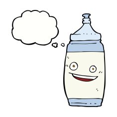 cartoon water bottle with thought bubble