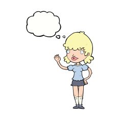 cartoon waving woman with thought bubble N116