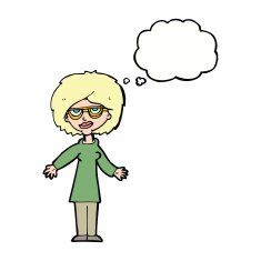 cartoon woman wearing glasses with thought bubble N17