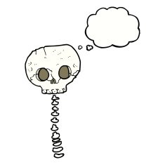 cartoon spooky skull and spine with thought bubble N9
