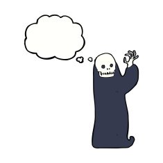cartoon waving halloween ghoul with thought bubble N7
