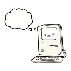 cartoon old computer with thought bubble N13