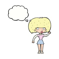 cartoon woman waving with thought bubble N280