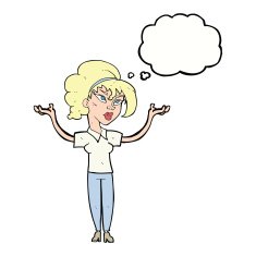 cartoon woman raising hands in air with thought bubble N16