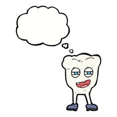 cartoon funny tooth character with thought bubble