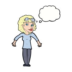 cartoon woman wearing goggles with thought bubble N9
