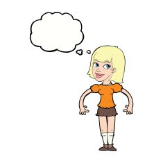 cartoon woman shrugging shoulders with thought bubble N404
