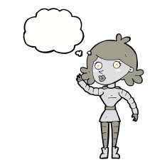 cartoon robot woman waving with thought bubble N15