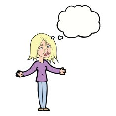 cartoon woman shrugging shoulders with thought bubble N405