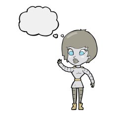 cartoon robot woman waving with thought bubble N16
