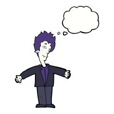 cartoon happy vampire with thought bubble N33