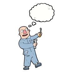 cartoon mechanic with thought bubble N8