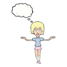 cartoon woman shrugging shoulders with thought bubble N406