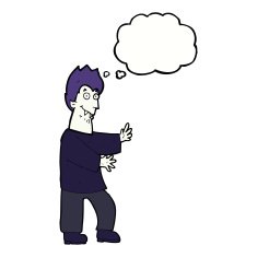 cartoon vampire waving hands with thought bubble N9