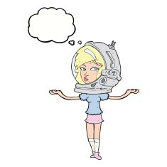 cartoon woman wearing space helmet with thought bubble N16
