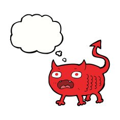 cartoon little imp with thought bubble N8