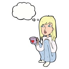 cartoon woman sitting with cup of coffee thought bubble N9